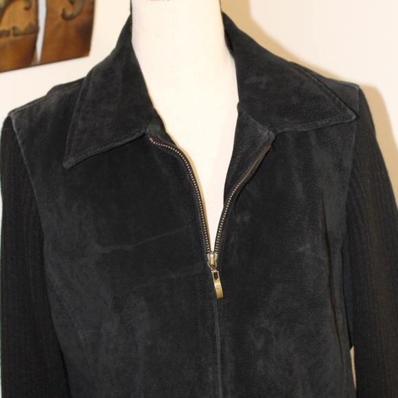 A.M.I. Leather Sweater Combo Full Zip Jacket,  Black - Picture 5 of 9
